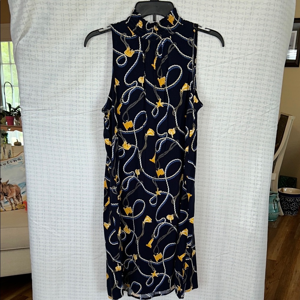 Crown & Ivy Blue Gold Sheath Midi Dress Mandarin Collar